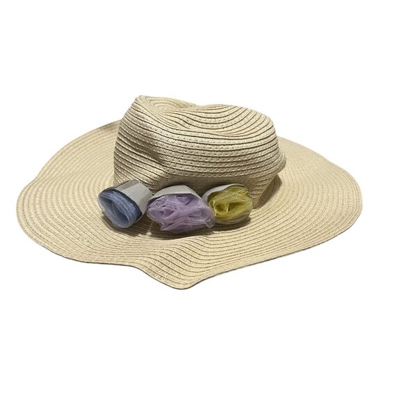 Janie & Jack Floral Summer Straw Hat Sz 6-8 Girls Wide Rim - Picture 1 of 7